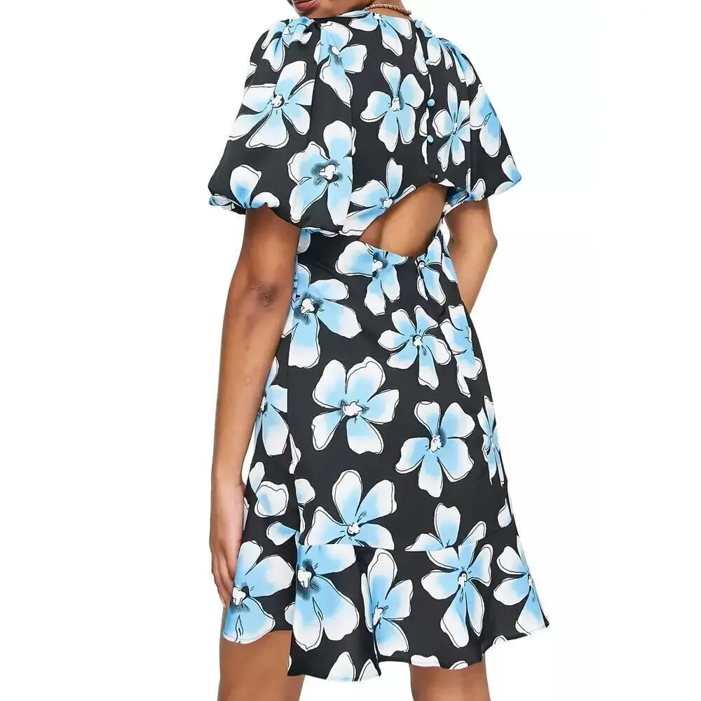 Topshop Dress Floral Print Puff Sleeve Cutout Back Mini Black Blue 10 Petite
